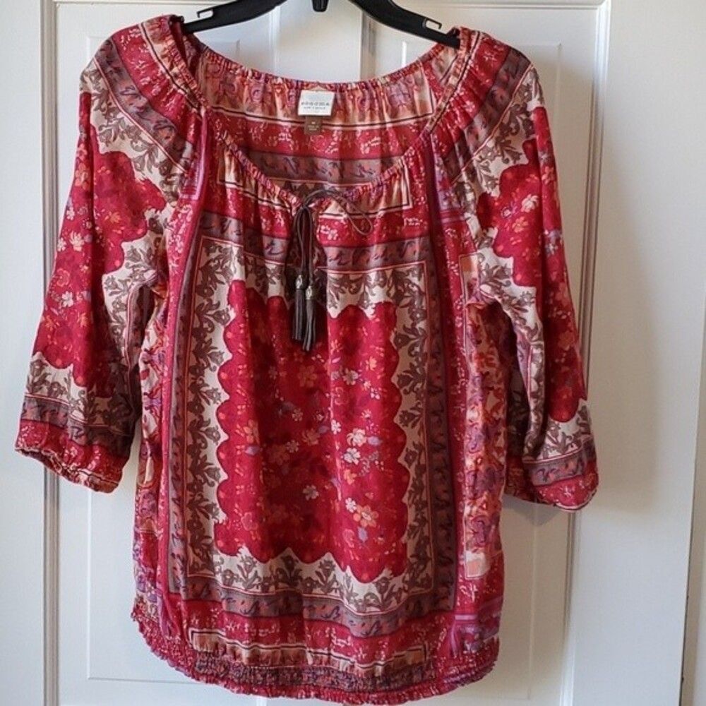 COTTON PEASANT TOP SIZE MEDIUM RED GREEN TAN WESTERN RODEO BANDANA COWGIRL BOJO
